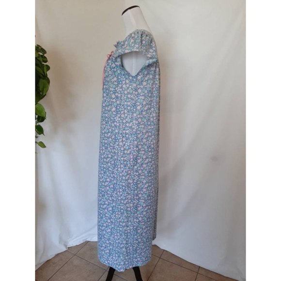 Vtg Blue Floral Smocked Prairie Cottagecore House Dress Embroidered Night Dress - Picture 5 of 8